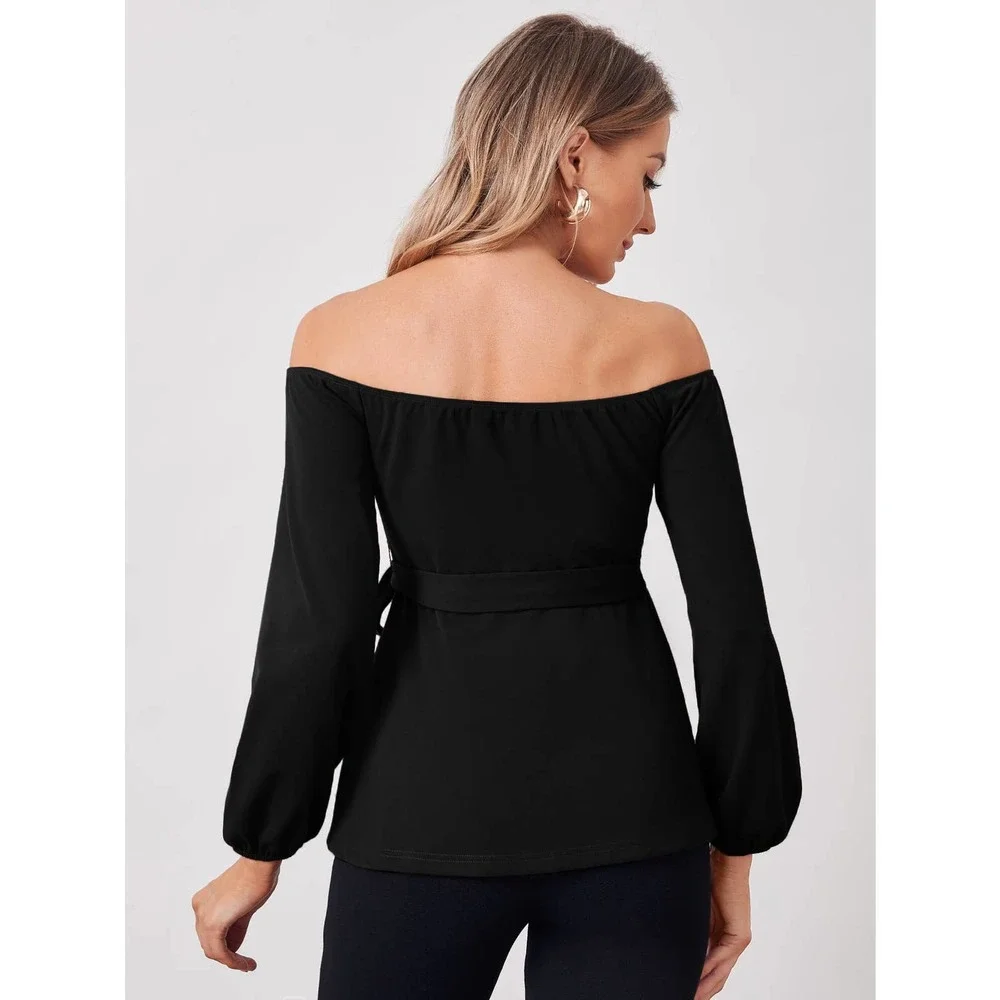 Maternity V Off Shoulder Belted long sleeve Top black - Picture 2 of 8